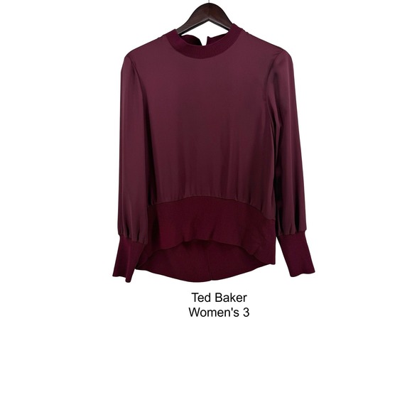 Ted Baker Tops - Ted Baker Wyonia Burgundy Mock Neck Ribbed Knit Trim Blouse Womens Size 3 Office